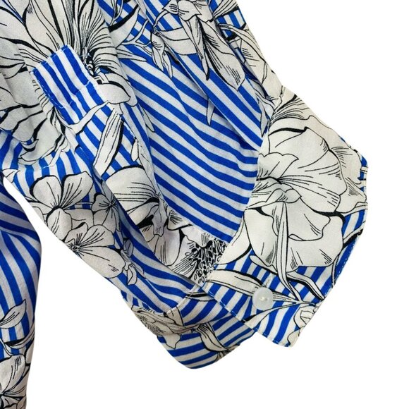 Zara  Women's blouse top  Blue White Stripe Floral Flowy Blouse size med - Picture 4 of 15